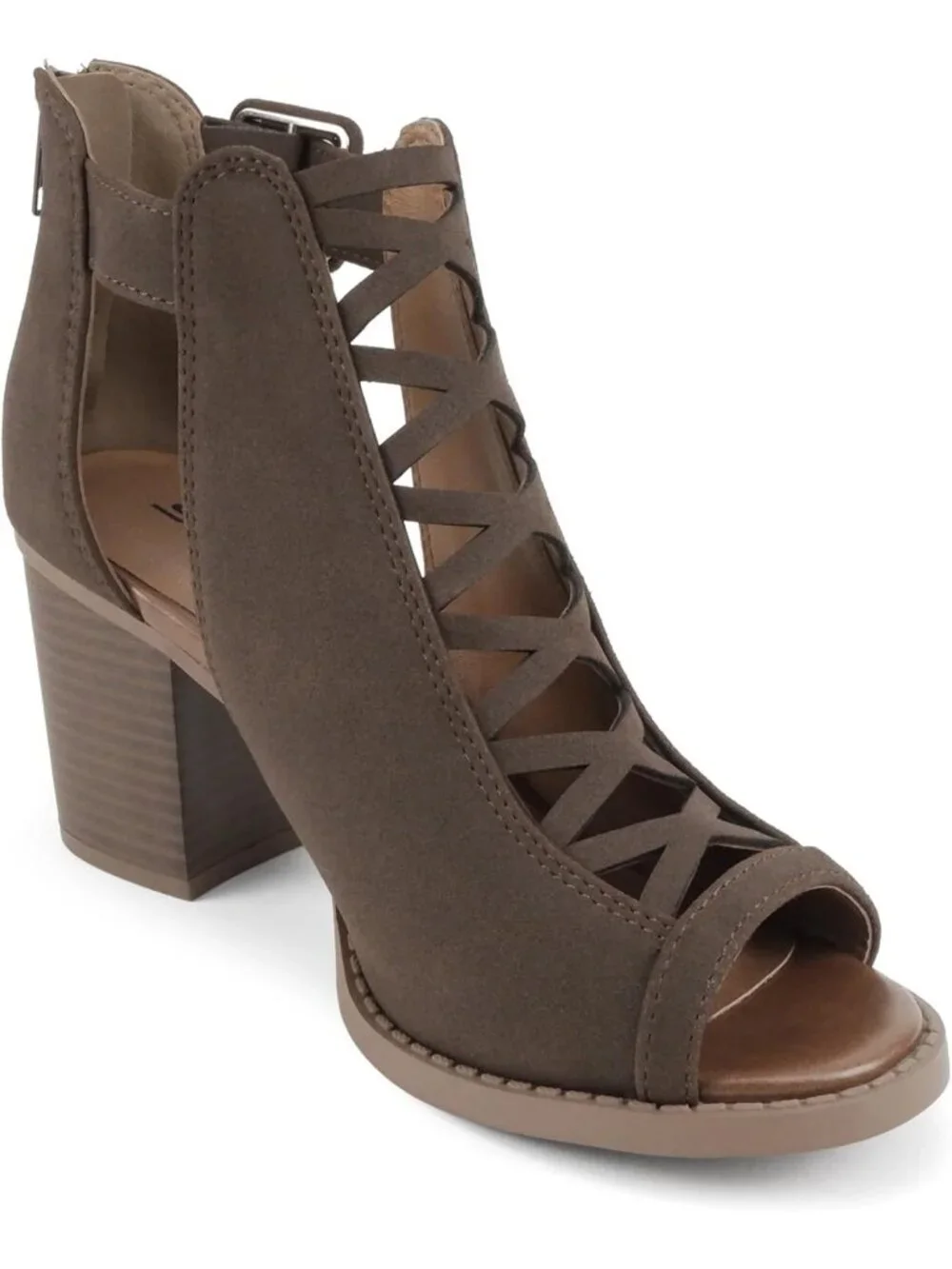 Women's Dark Brown Nubuck Open Toe Crisscross Strap Back Zipper Heels Sandals